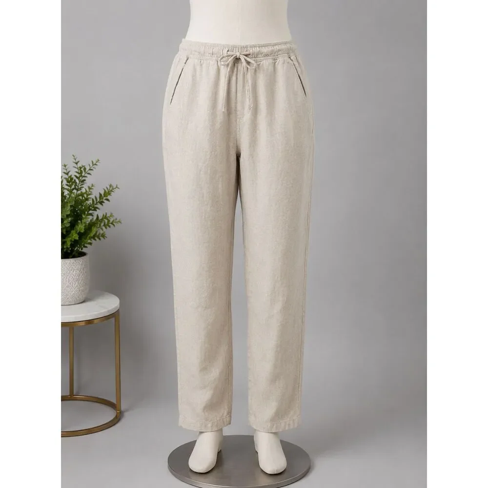 H&M Women's 100% Linen comfort Drawstring Pants Size 16 Beige slash pockets